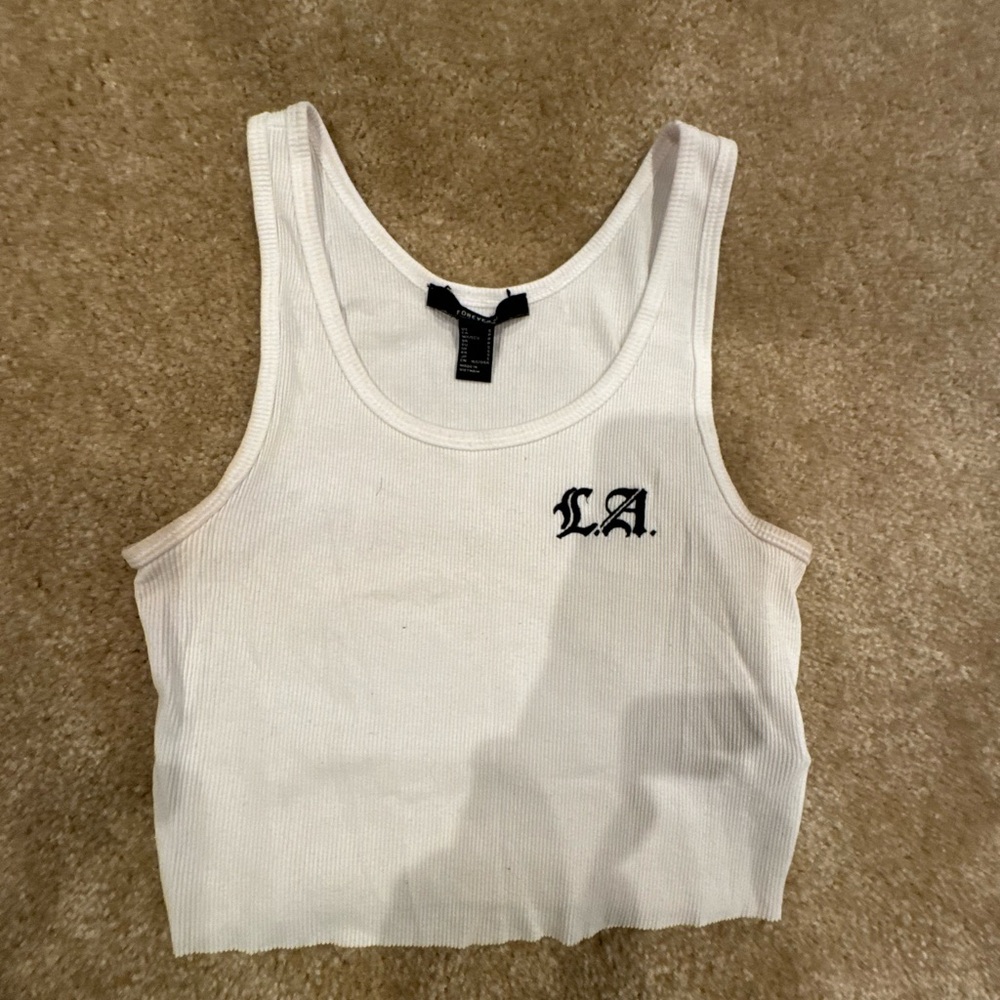 Forever 21 White Ribbed Tank Top with Black Embroidery